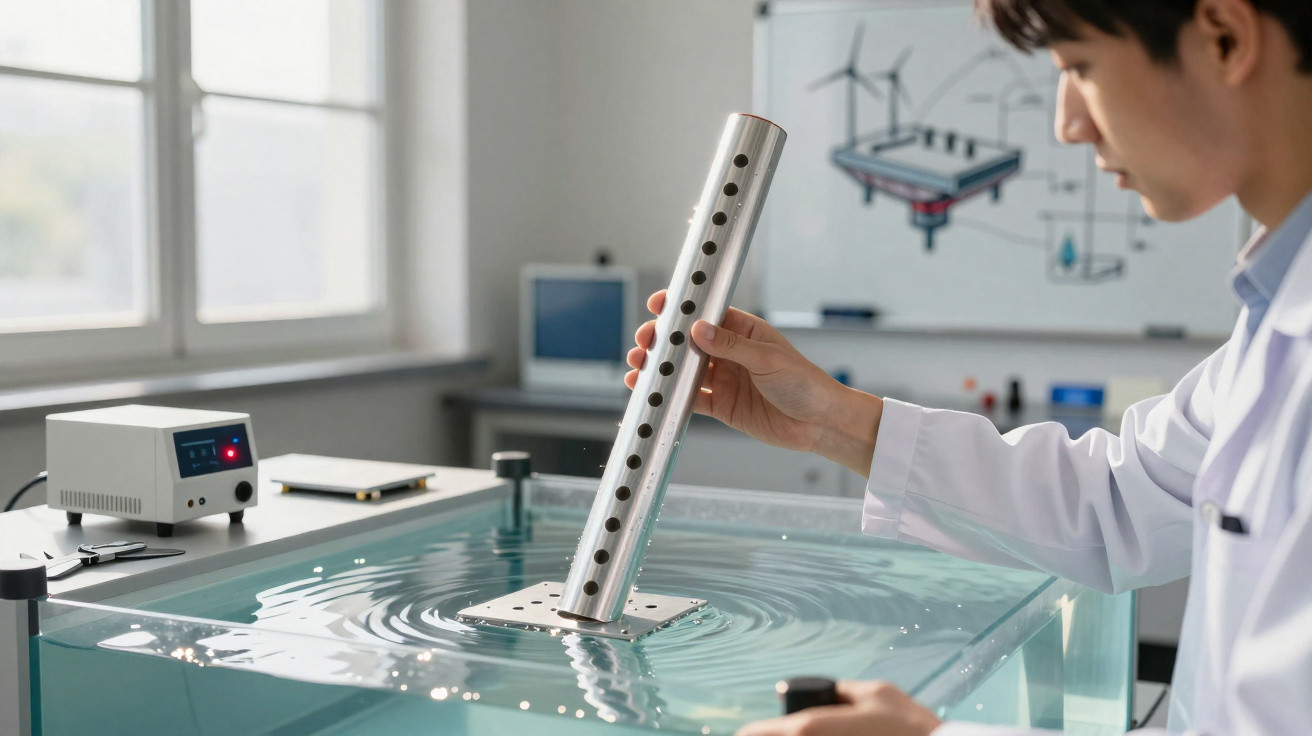 Scientist in a lab coat testing a metal tube with holes in a water tank for fluid dynamics.