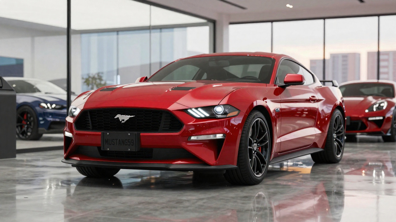 Red Ford Mustang sports car with black wheels displayed in a bright showroom with other cars in the background.