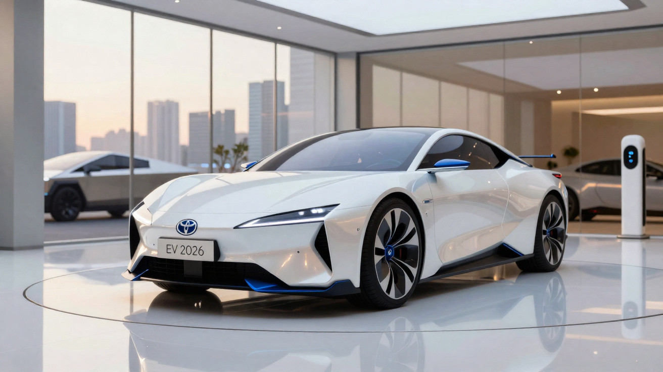 White Toyota electric sports car with sleek design displayed in modern showroom at sunset.