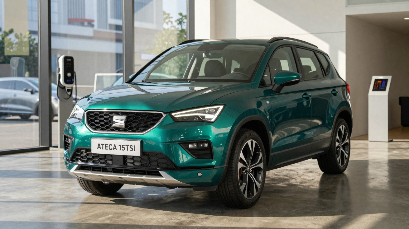 Green SEAT Ateca 15TSI SUV parked indoors with large windows and an electric vehicle charging point nearby.