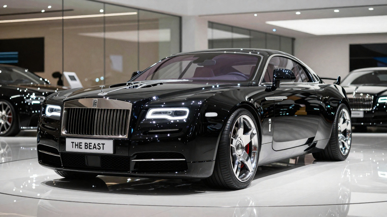 Black Rolls-Royce car named The Beast displayed indoors with polished chrome wheels on a glossy floor.