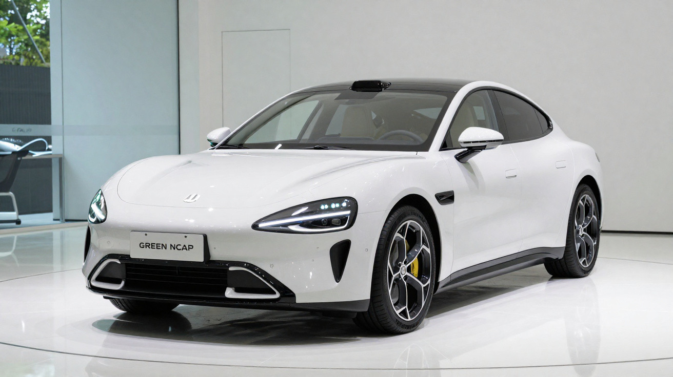 White modern electric sedan displayed indoors with sleek headlights and sporty alloy wheels