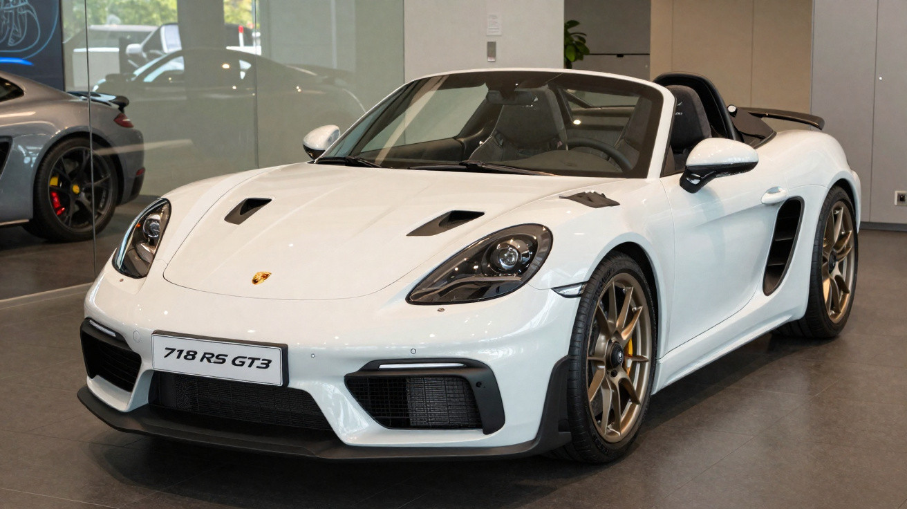White Porsche 718 RS GT3 convertible sports car with bronze wheels displayed indoors.