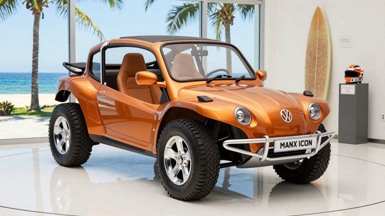 Orange Volkswagen Manx Icon dune buggy displayed indoors with beach and palm trees visible outside.