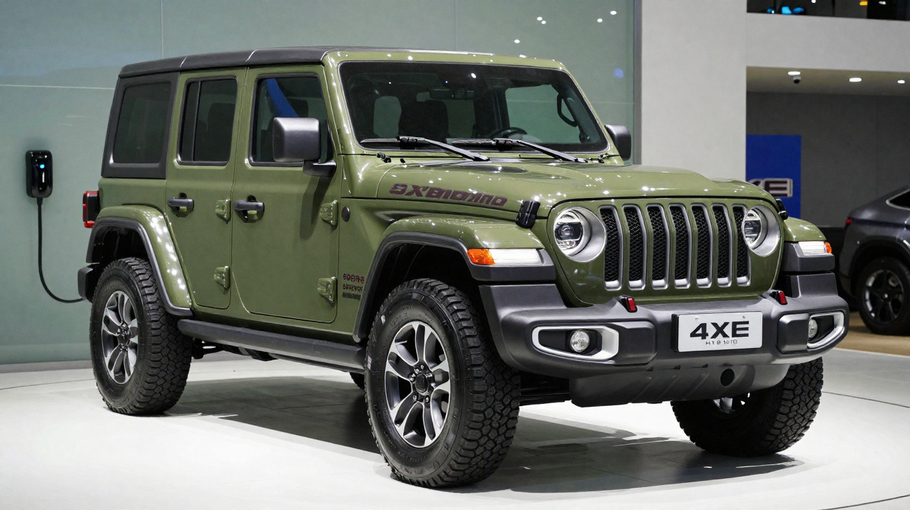 Green Jeep 4xE hybrid SUV displayed indoors with rugged tires and distinctive front grille.