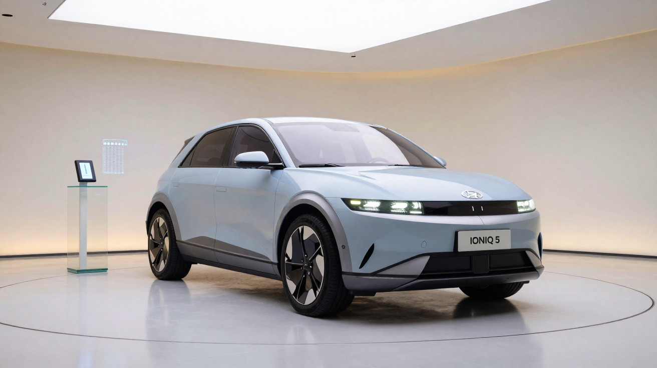 Light blue Hyundai Ioniq 5 electric car displayed in a modern, minimalistic showroom with soft lighting.