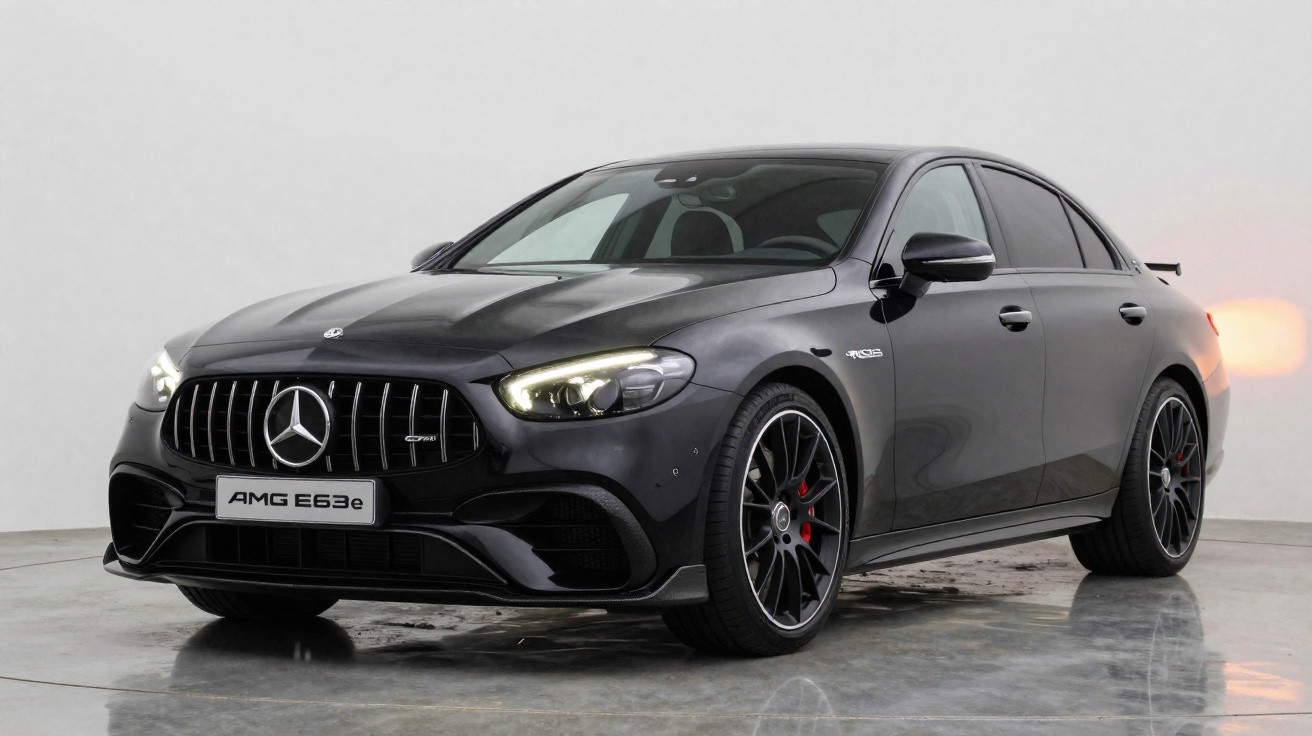 Black Mercedes-Benz AMG E63e sedan with sporty grille and alloy wheels in a studio setting.