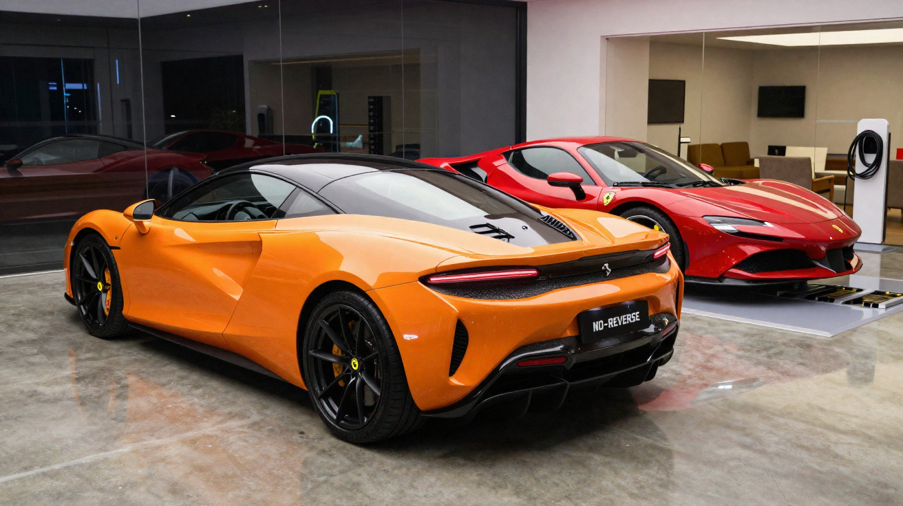 Orange sports car parked indoors next to a red sports car with a charging station nearby.