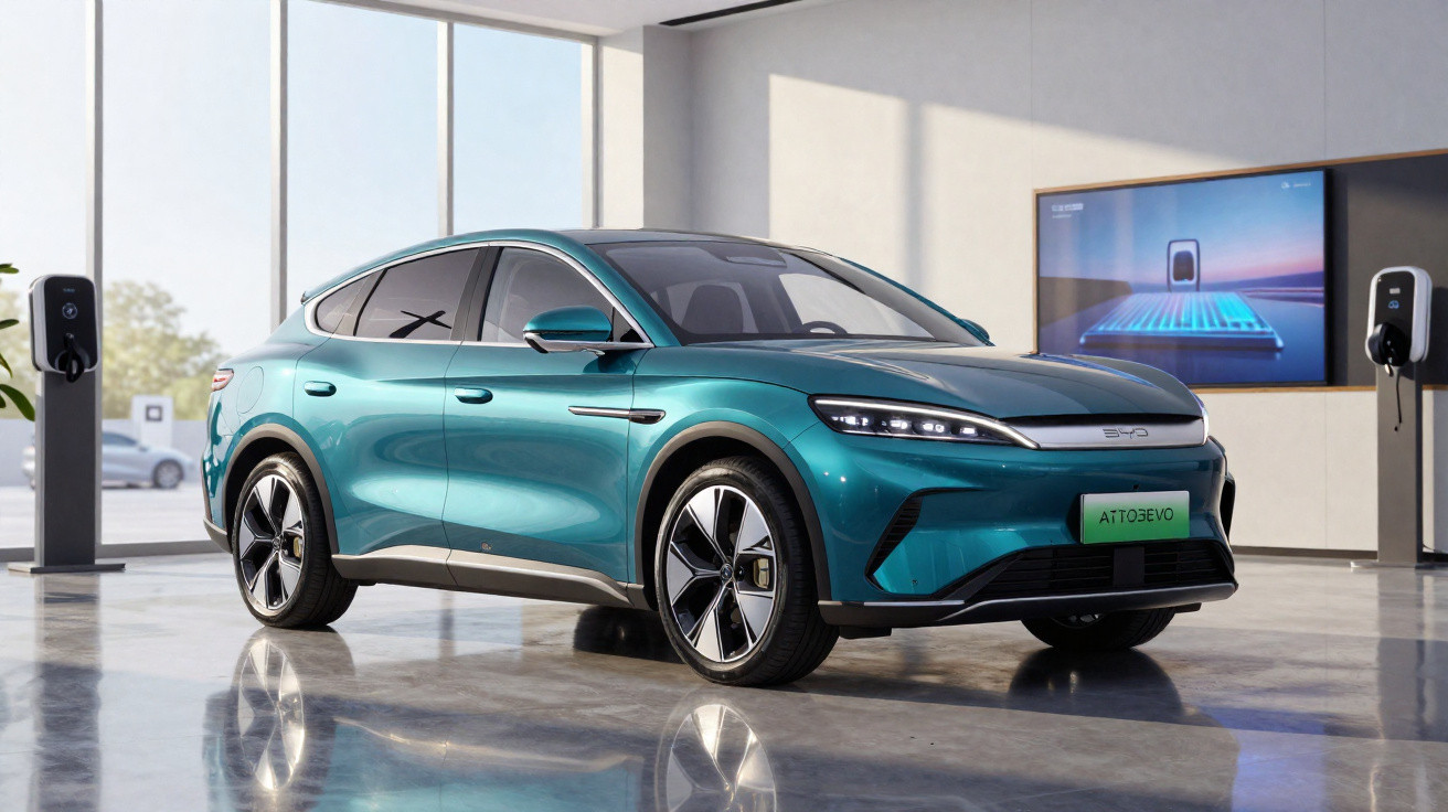 Teal electric SUV parked indoors beside charging stations, with a digital screen in the background.