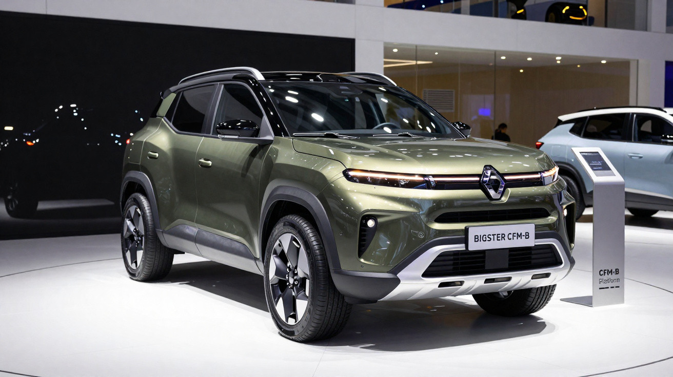 Green Renault Bigster CFM-B SUV on display at a car exhibition with a white backdrop and information stand.
