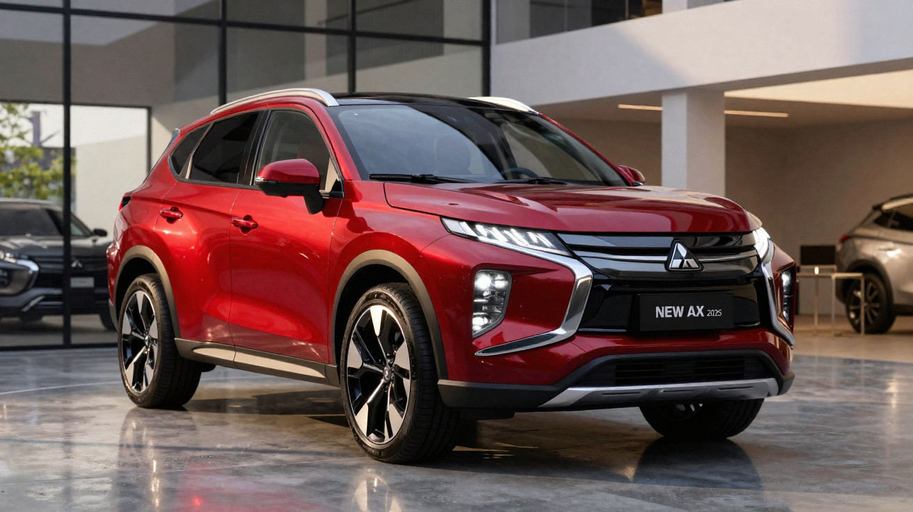Red Mitsubishi New AX 2025 SUV parked indoors with modern building interior in background.