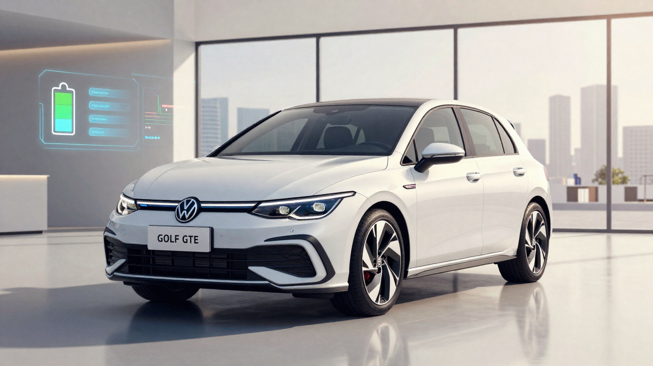 White Volkswagen Golf GTE parked indoors with cityscape visible through large windows.