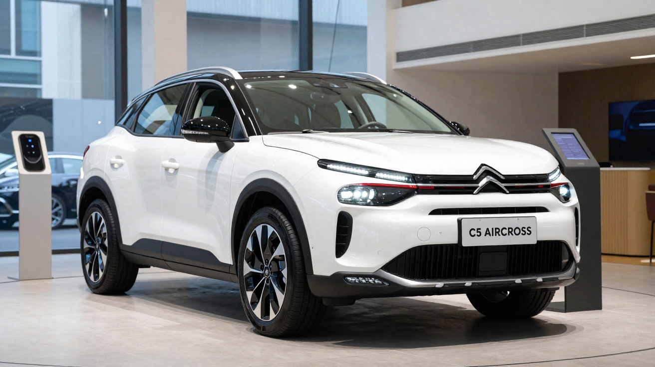 White Citroën C5 Aircross SUV displayed in a modern showroom with large windows and electronic displays.