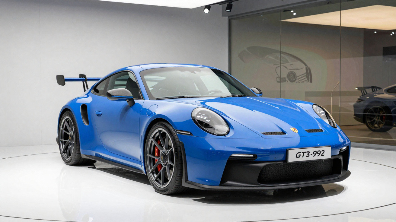 Blue Porsche 911 GT3 sports car displayed in a showroom with reflective floor and glass wall.