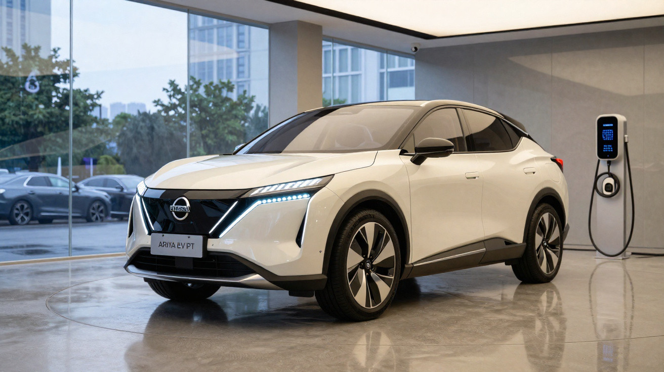 White Nissan Ariya electric car displayed indoors next to a charging station with city view outside.