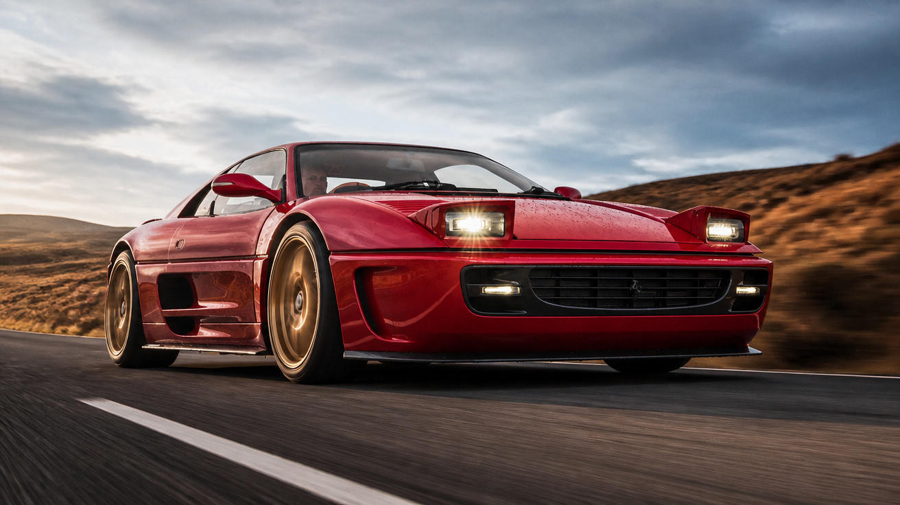 Red vintage sports car with pop-up headlights driving on a rural road under a cloudy sky.