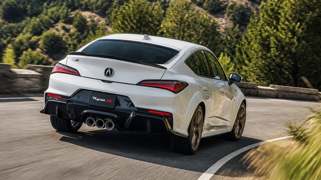 White Acura Type S driving on a winding mountain road surrounded by trees and stone barriers.