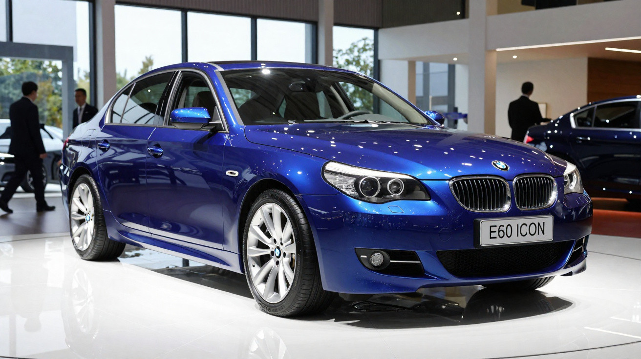 Shiny blue BMW E60 Icon sedan displayed indoors with people in the background.