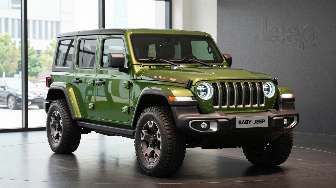 Green Jeep Wrangler parked indoors with off-road tires and round LED headlights.