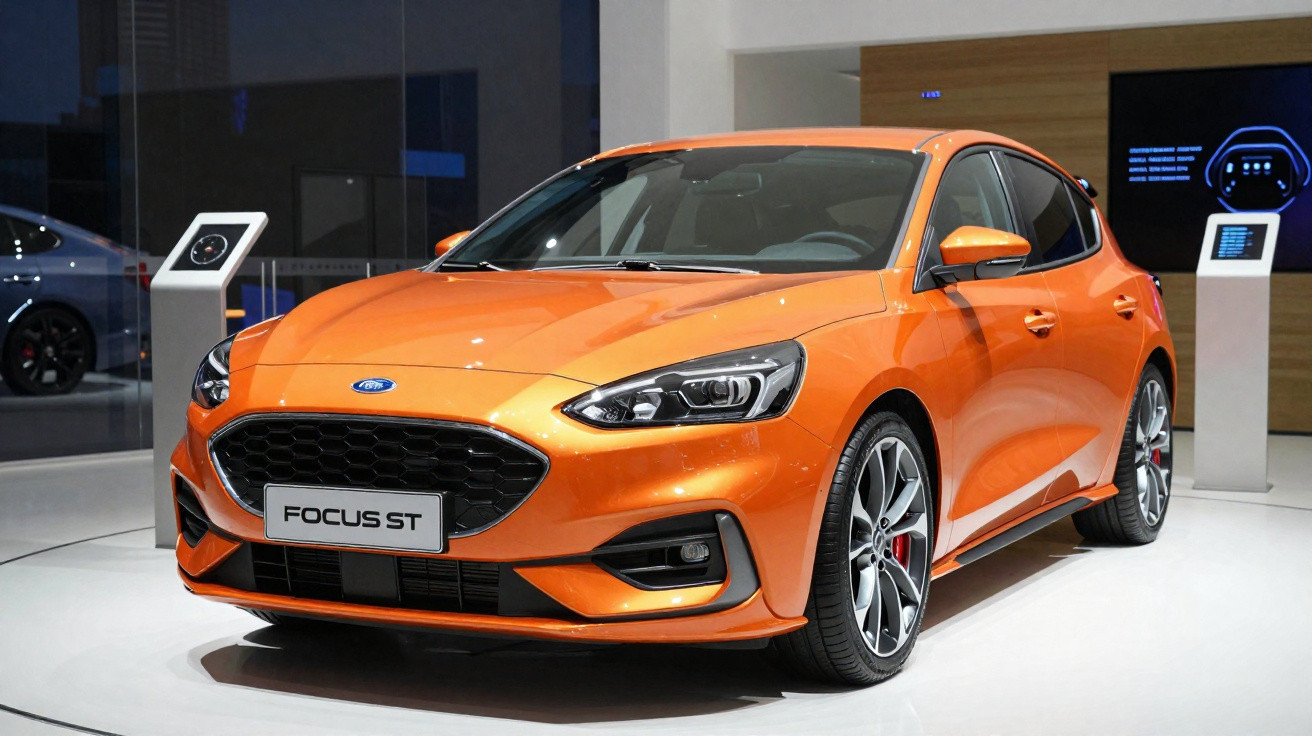 Orange Ford Focus ST hatchback displayed indoors with modern design and alloy wheels