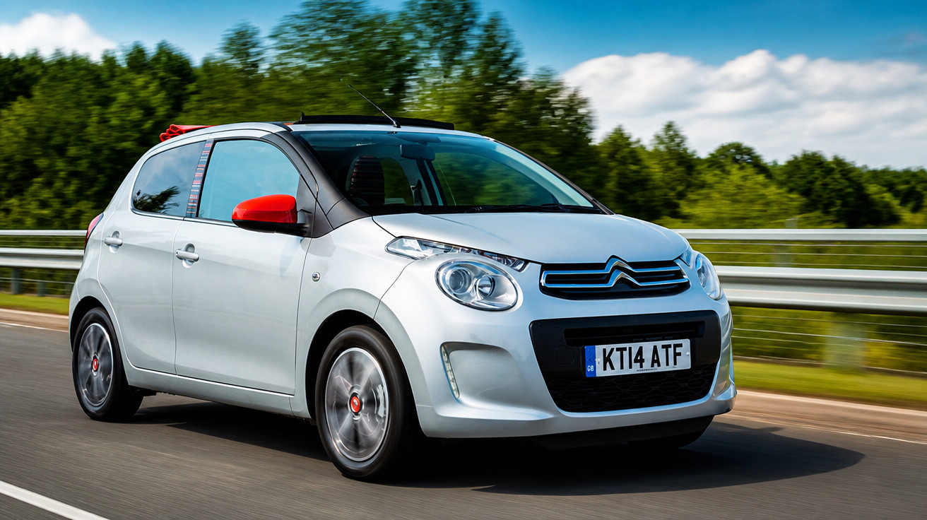 White Citroën hatchback car with red mirrors driving on a highway with green trees in the background.