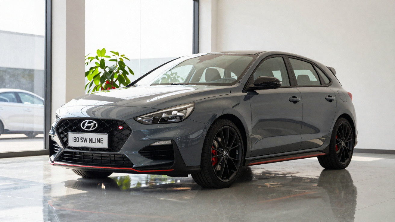 Grey Hyundai i30 SW N Line hatchback parked indoors on shiny floor near large windows and a plant.