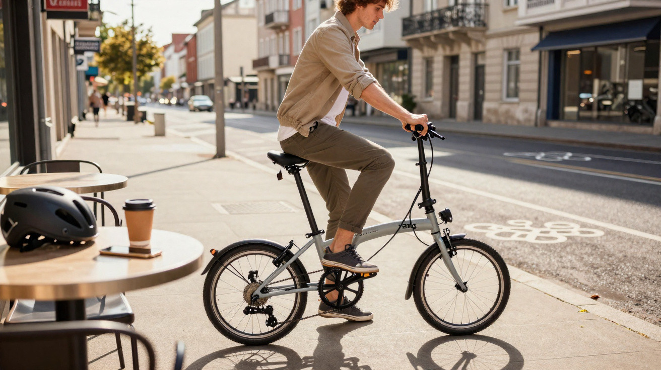 Young man riding a foldable bicycle on a sunny urban street near an outdoor café table with helmet and coffee cup.