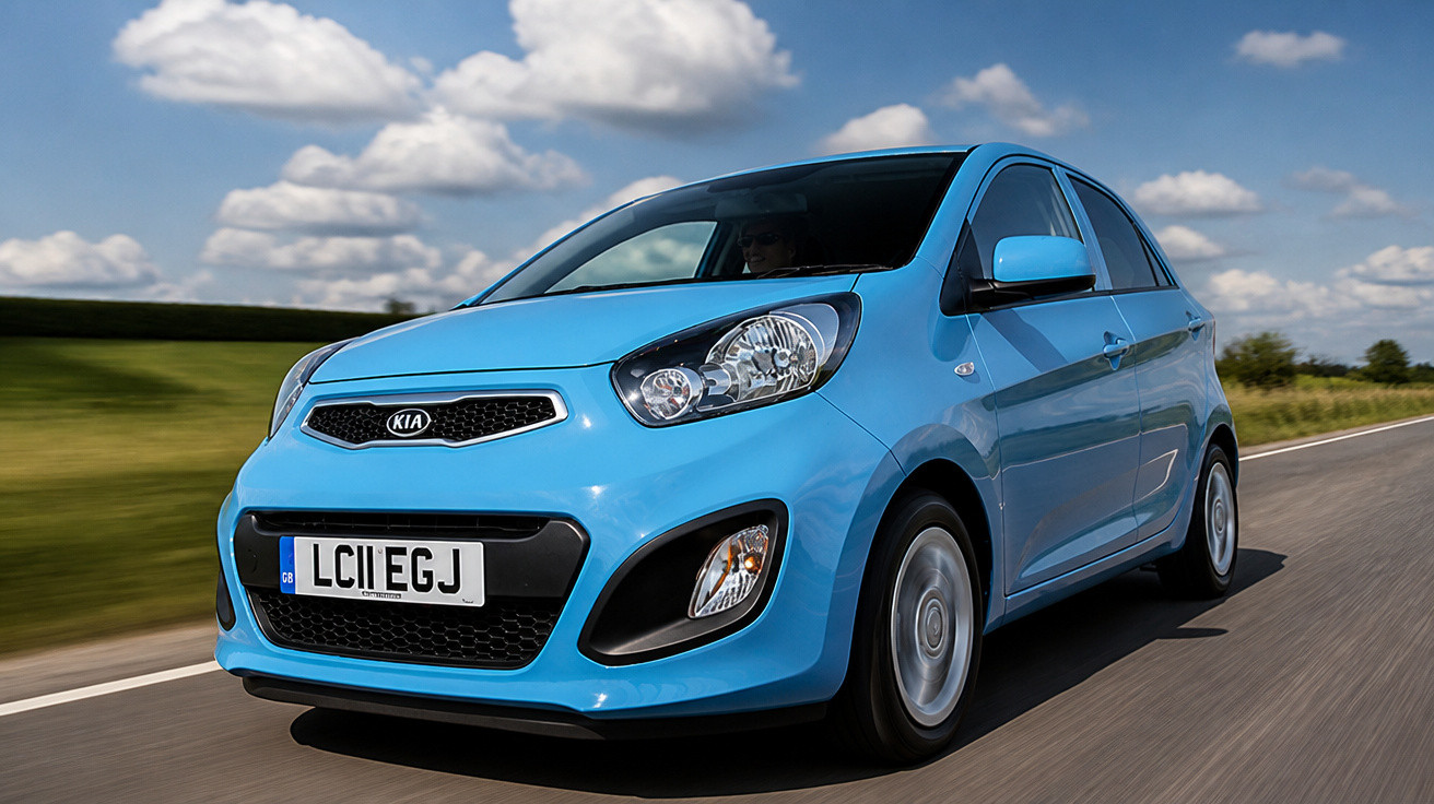 Blue Kia hatchback car driving on a rural road under a partly cloudy sky in daytime.