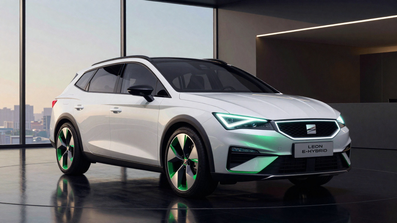 White SEAT Leon E-Hybrid hatchback displayed indoors with illuminated headlights and sleek alloy wheels.