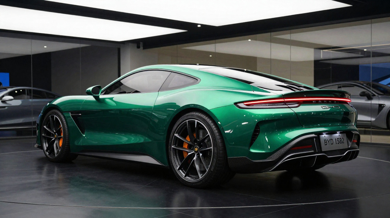 Green luxury sports car with sleek design displayed in modern showroom under bright lighting.