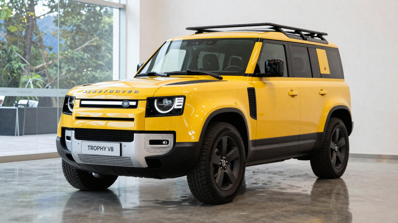 Yellow Land Rover Defender Trophy V8 parked indoors on polished concrete floor.