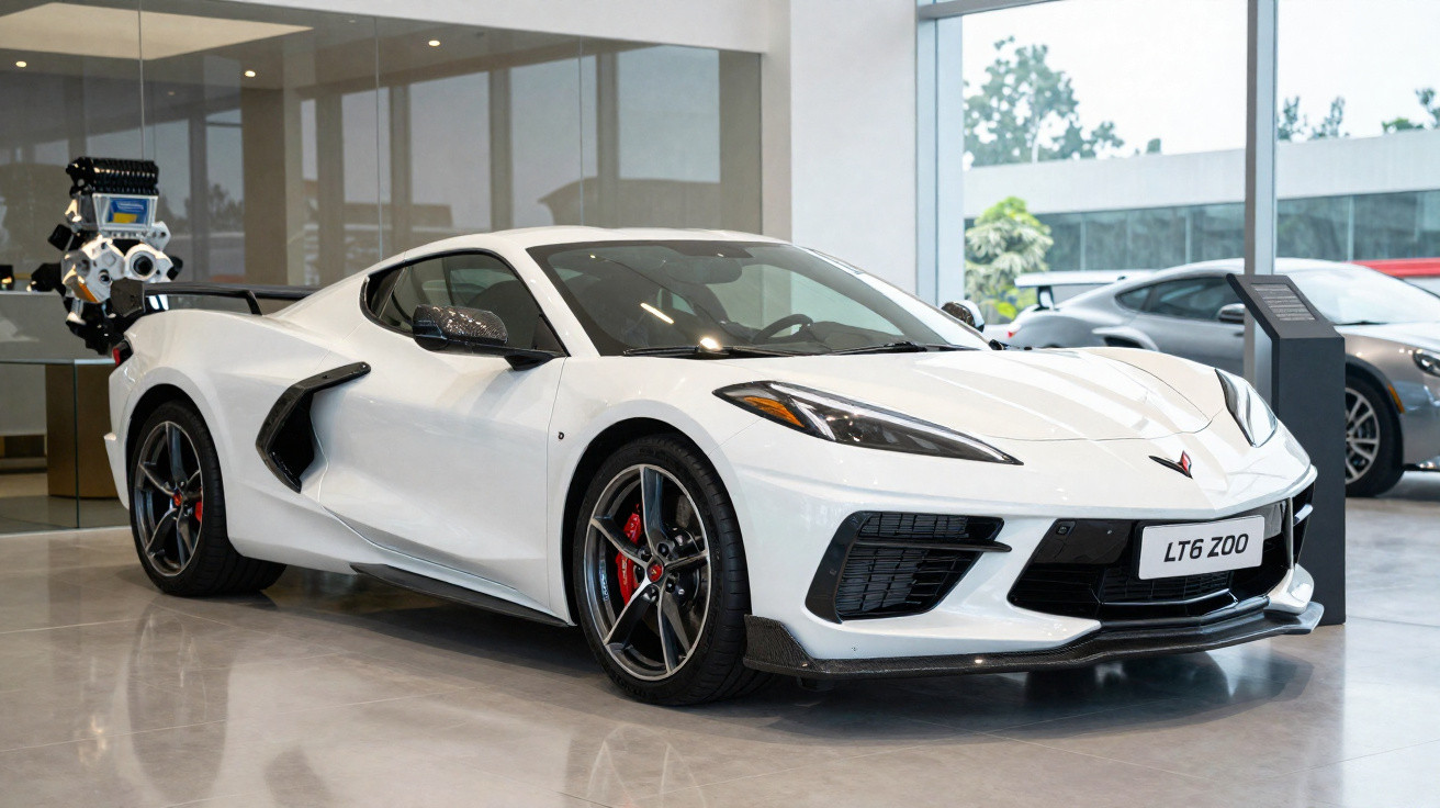 White Chevrolet Corvette LT6 Z06 sports car displayed indoors with a visible engine model mounted nearby.
