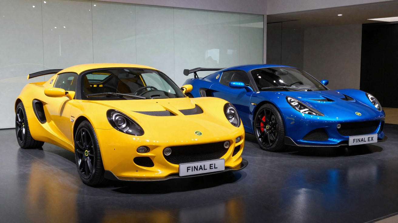 Yellow and blue Lotus sports cars with central wheel arches displayed indoors, labelled FINAL EL and FINAL EX.