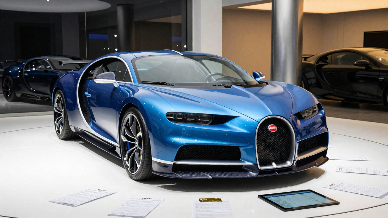 Blue Bugatti Chiron sports car displayed indoors with information sheets on the floor around it.