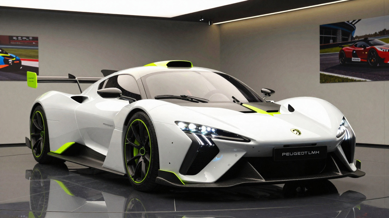 White Peugeot LMH hybrid race car with neon green accents on display in a showroom.