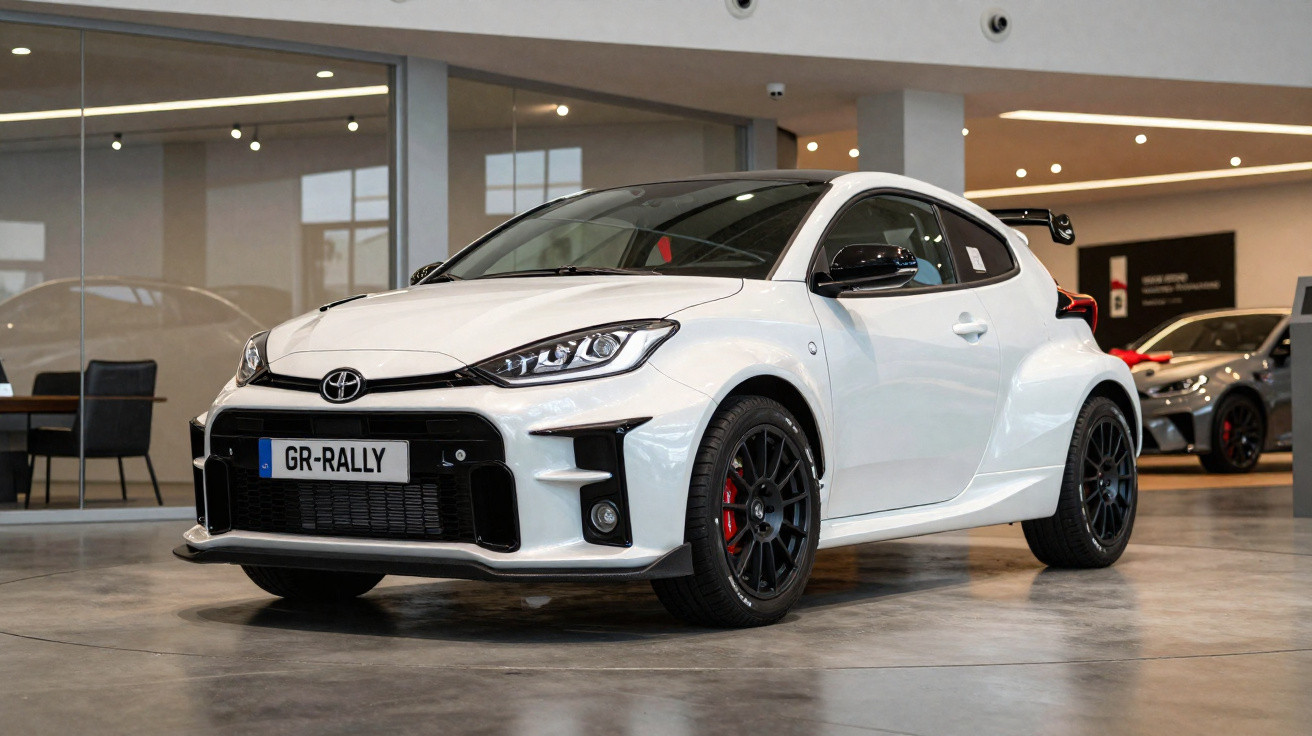 White Toyota GR Rally sports car with black wheels displayed indoors in a modern showroom.
