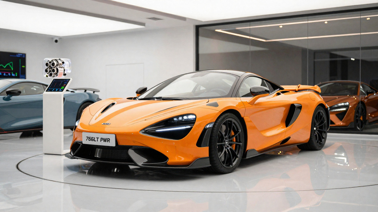Orange McLaren 765LT sports car parked in a modern showroom with a glass wall and engine display.