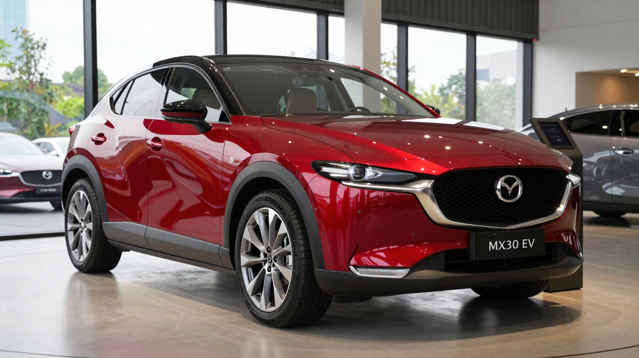 Red Mazda MX-30 EV electric SUV displayed indoors with black roof and alloy wheels, modern showroom background.