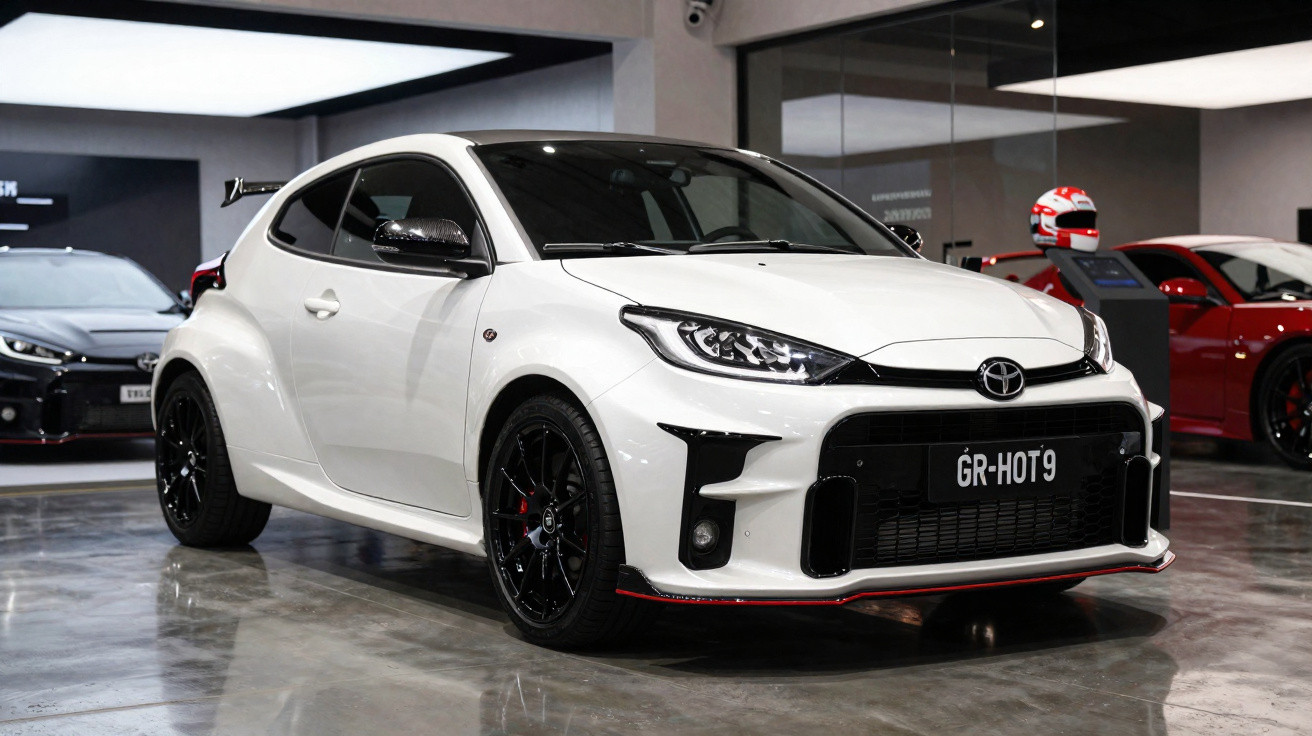 White Toyota GR Yaris hot hatch with black wheels displayed indoors on a polished concrete floor.