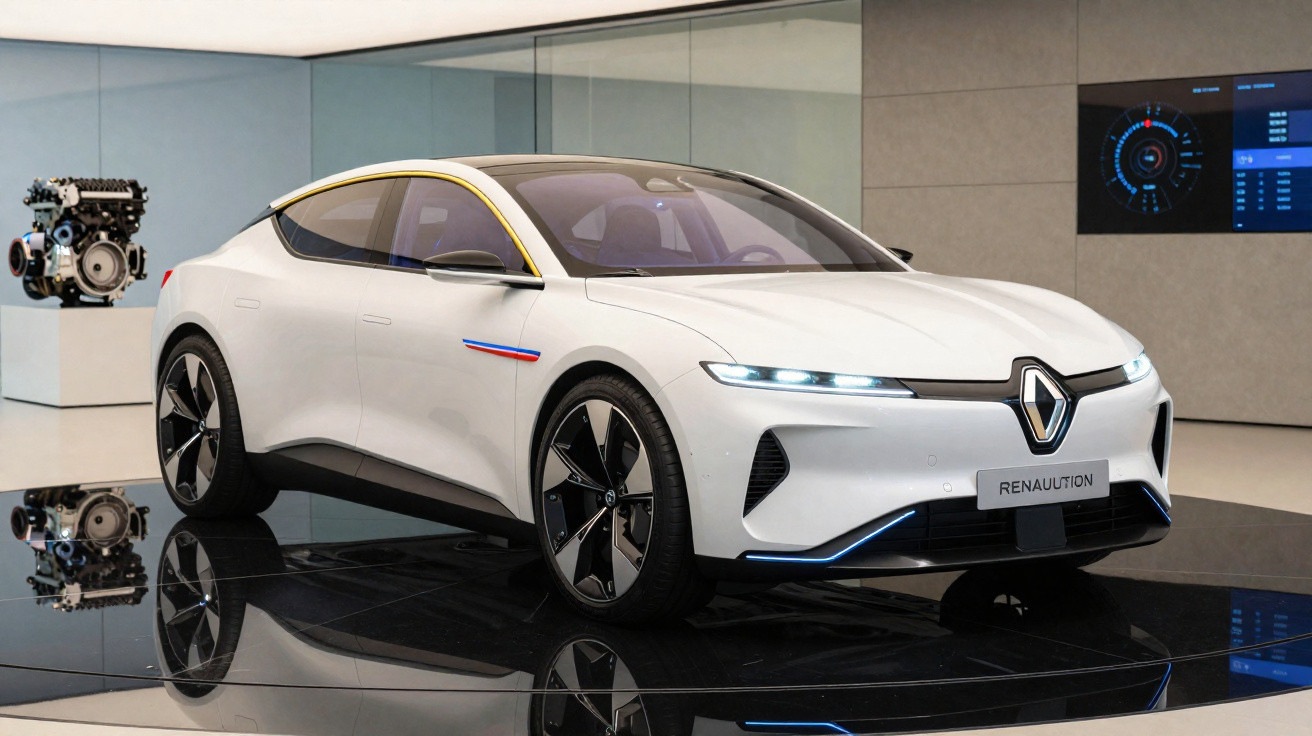 White Renault electric concept car displayed indoors with futuristic design and sleek black wheels.