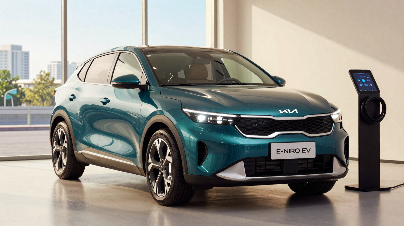 Green Kia E-Niro electric SUV parked indoors next to a charging station with city buildings visible outside.