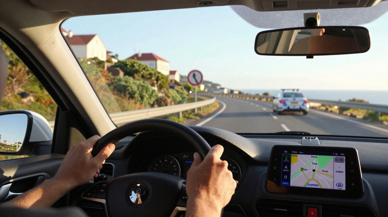 Driver hands on steering wheel with GPS navigation on screen, driving on coastal road with houses and guardrails.
