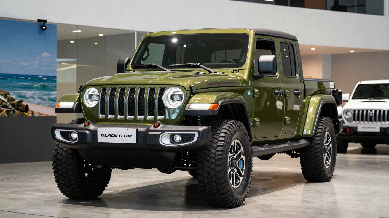 Green Jeep Gladiator pickup truck displayed indoors with rugged tyres and distinctive front grille.