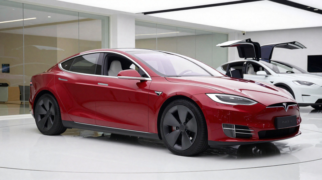 Red Tesla Model S parked indoors with a white Tesla Model X in the background with gull-wing doors open.