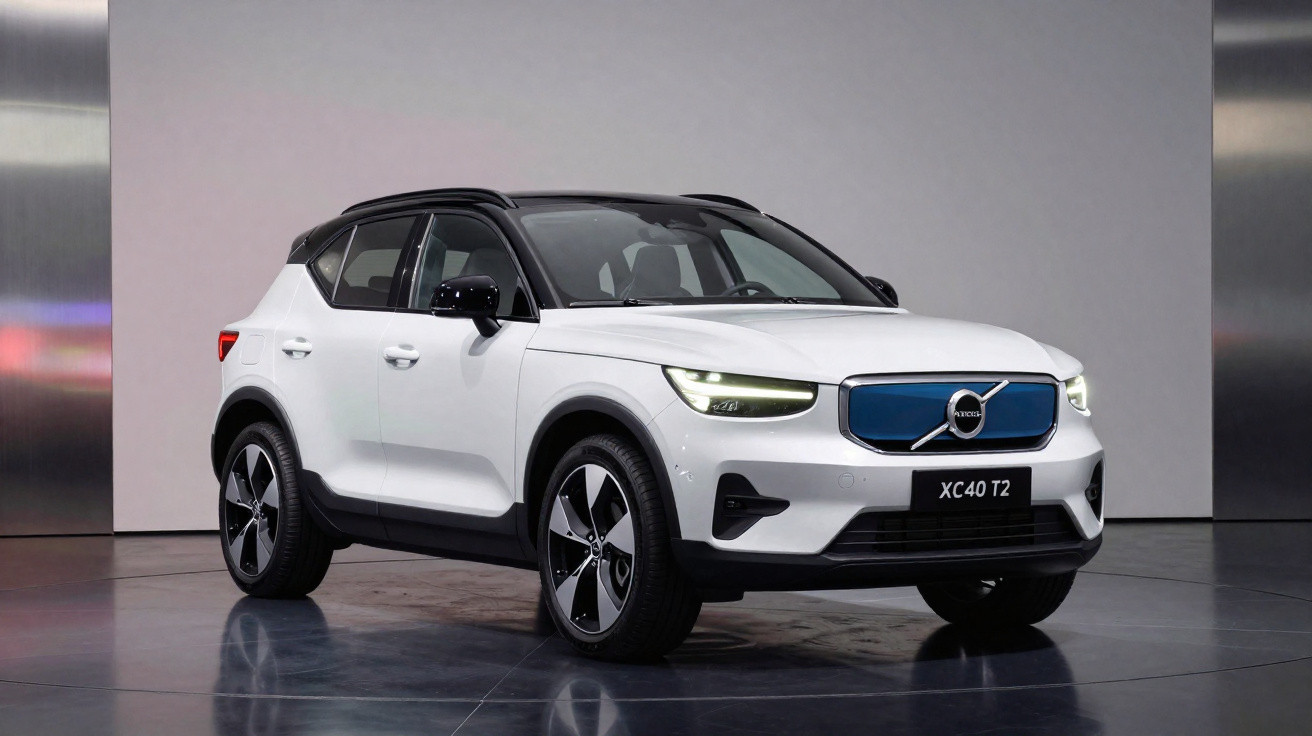 White Volvo XC40 T2 compact SUV with black roof on display in a studio setting