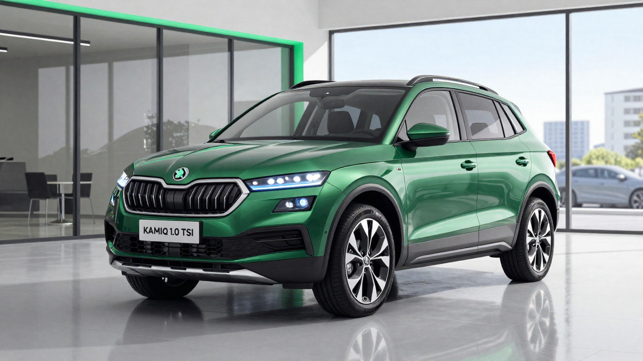 Green Škoda Kamiq 1.0 TSI compact SUV displayed inside a modern showroom with large windows.