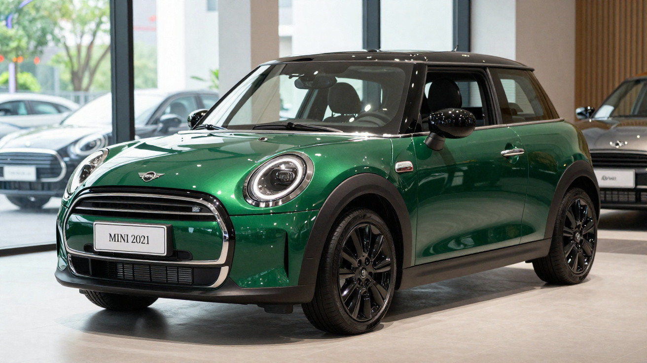 Green 2021 Mini Cooper with black roof and wheels displayed indoors in showroom.