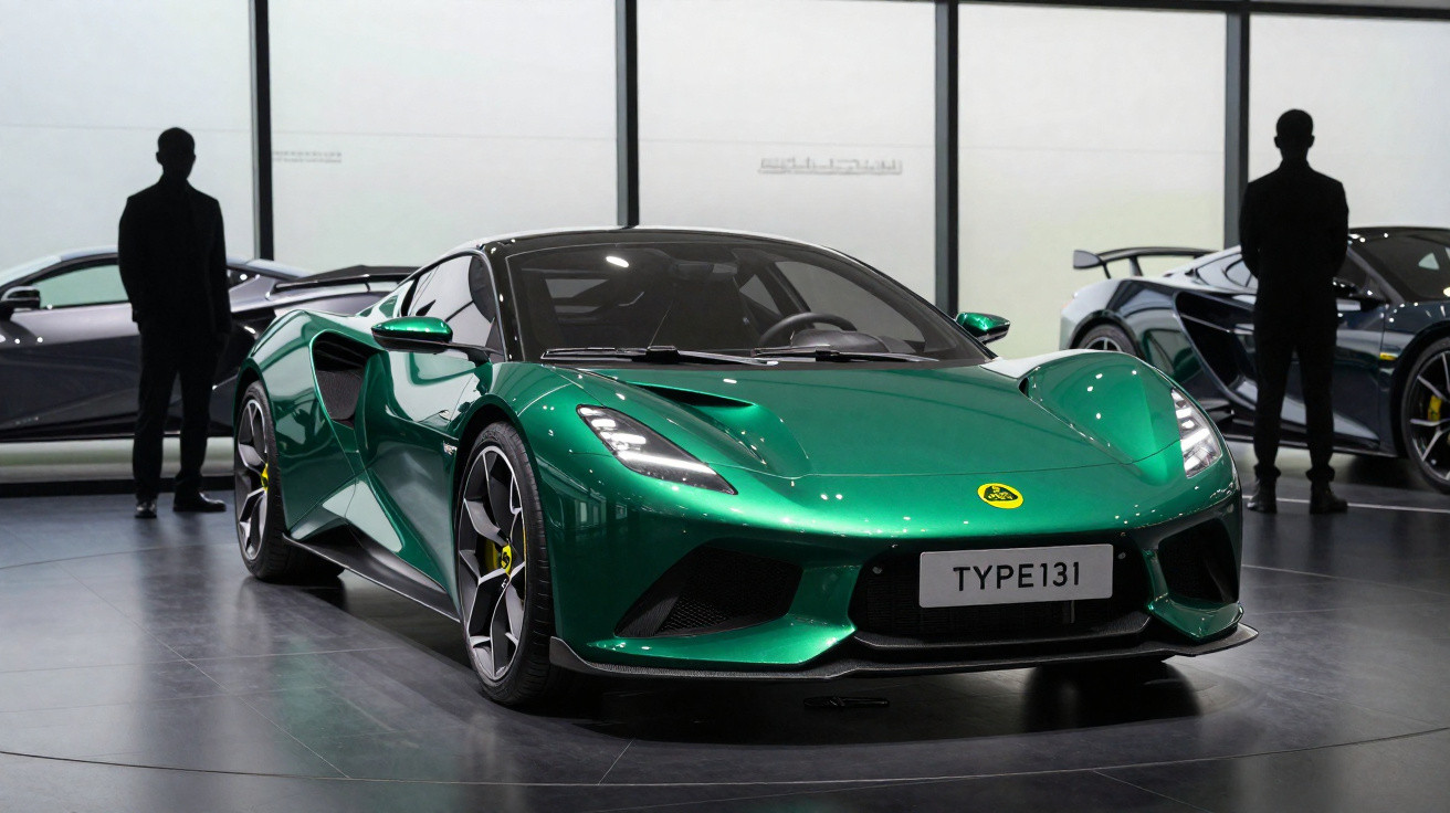 Green Lotus sports car Type 131 displayed indoors with two silhouetted figures in the background.
