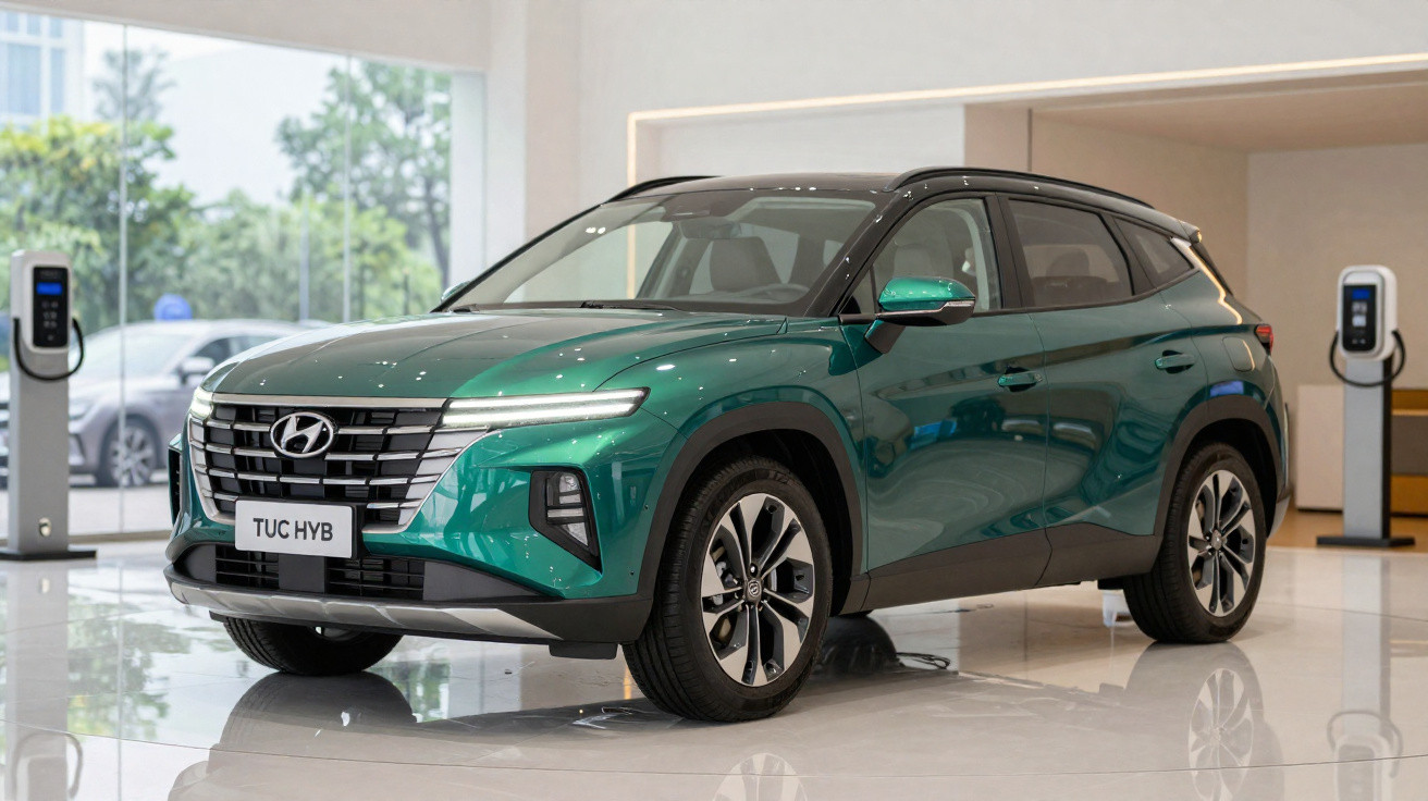 Green Hyundai Tucson hybrid SUV displayed indoors near electric vehicle charging stations