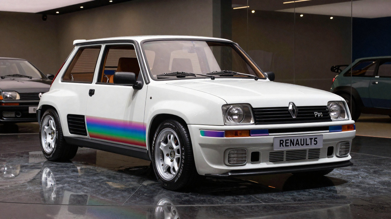White Renault 5 Turbo classic hatchback with rainbow side stripes displayed indoors on reflective floor.